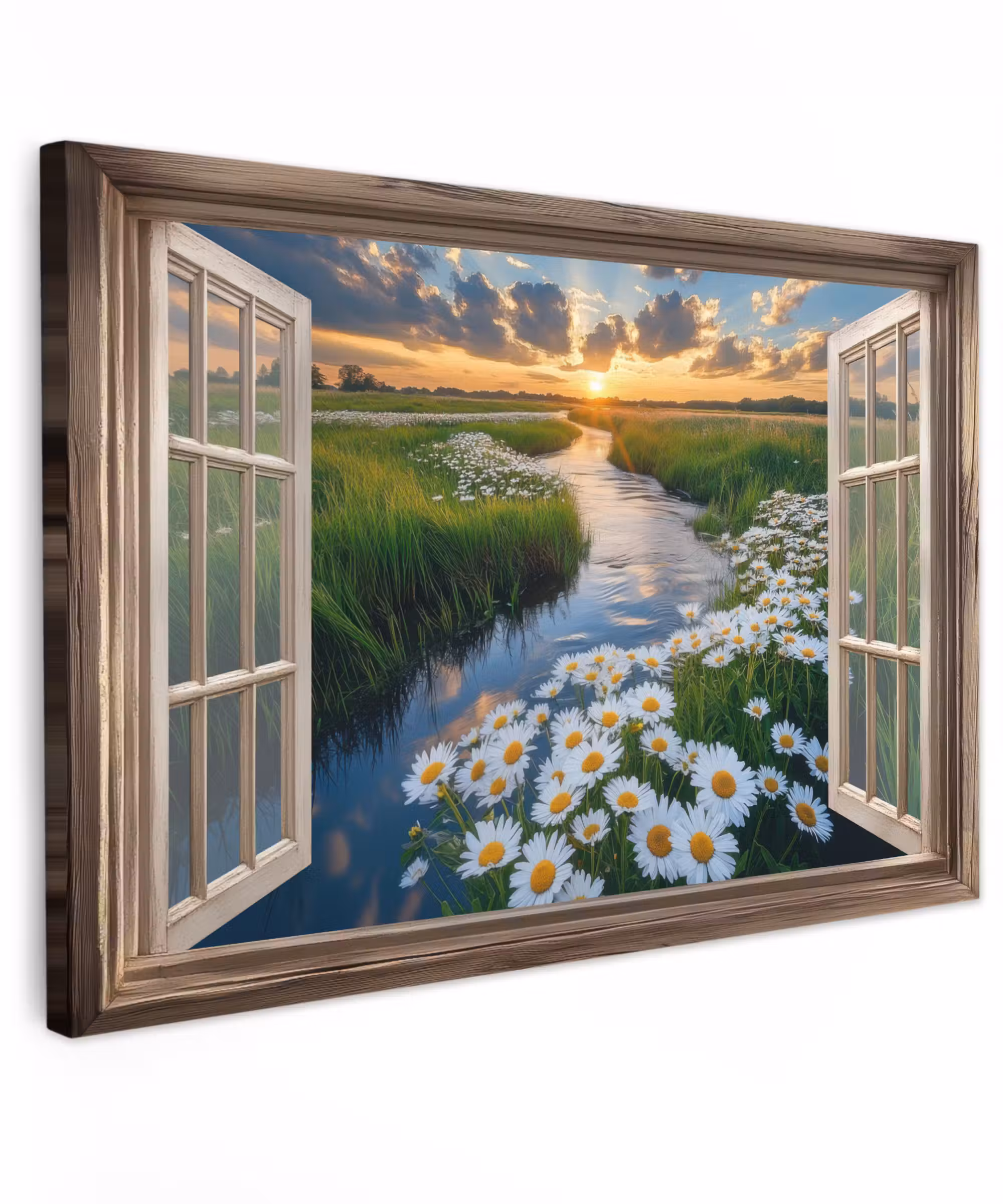 Canvas schilderij - Doorkijk - Landschap - Raam - Water - Zonsondergang