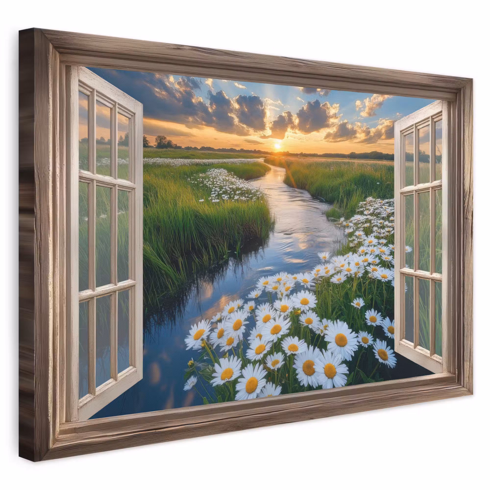 Canvas schilderij - Doorkijk - Landschap - Raam - Water - Zonsondergang