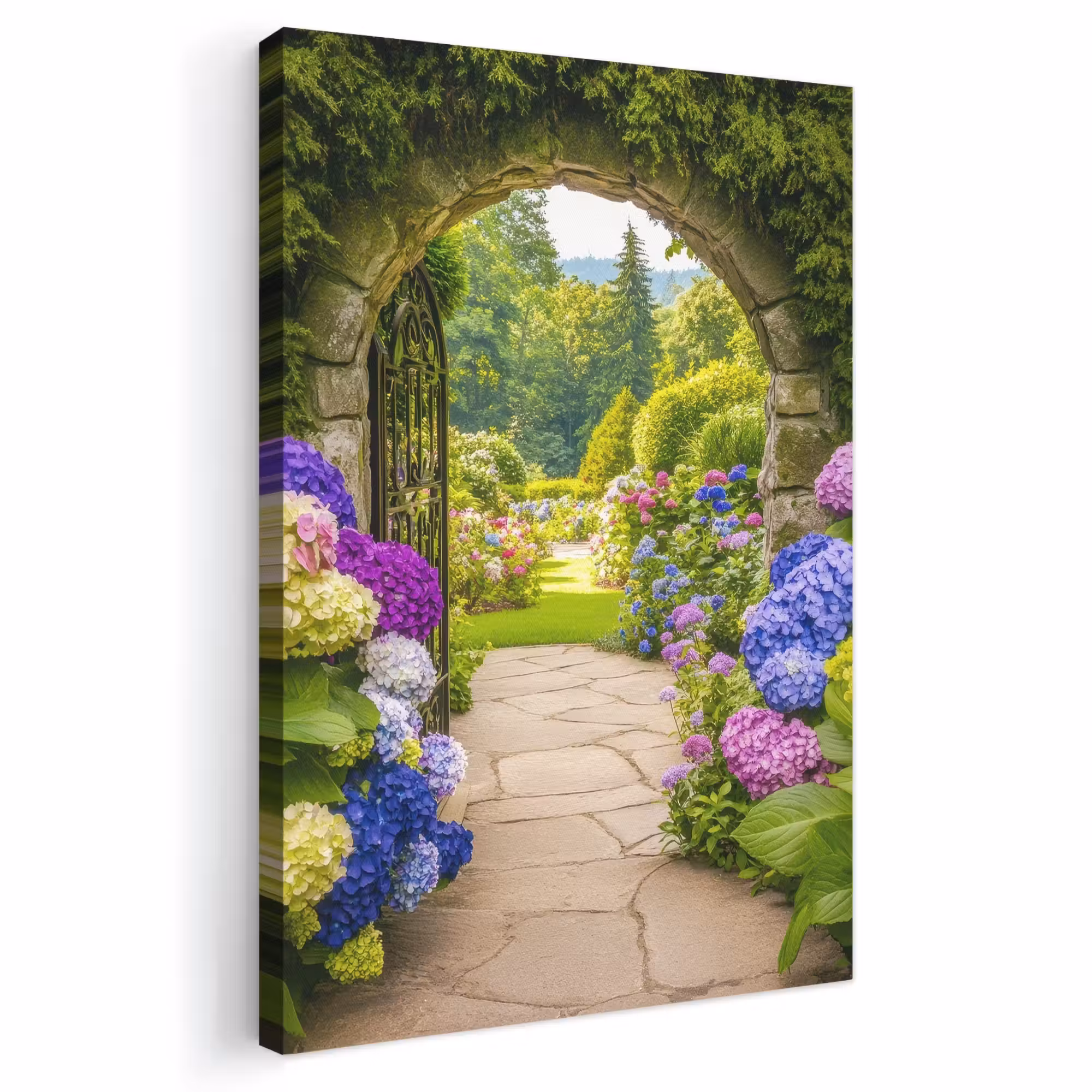Canvas schilderij - Doorkijk - Poort - Hortensia - Bloementuin