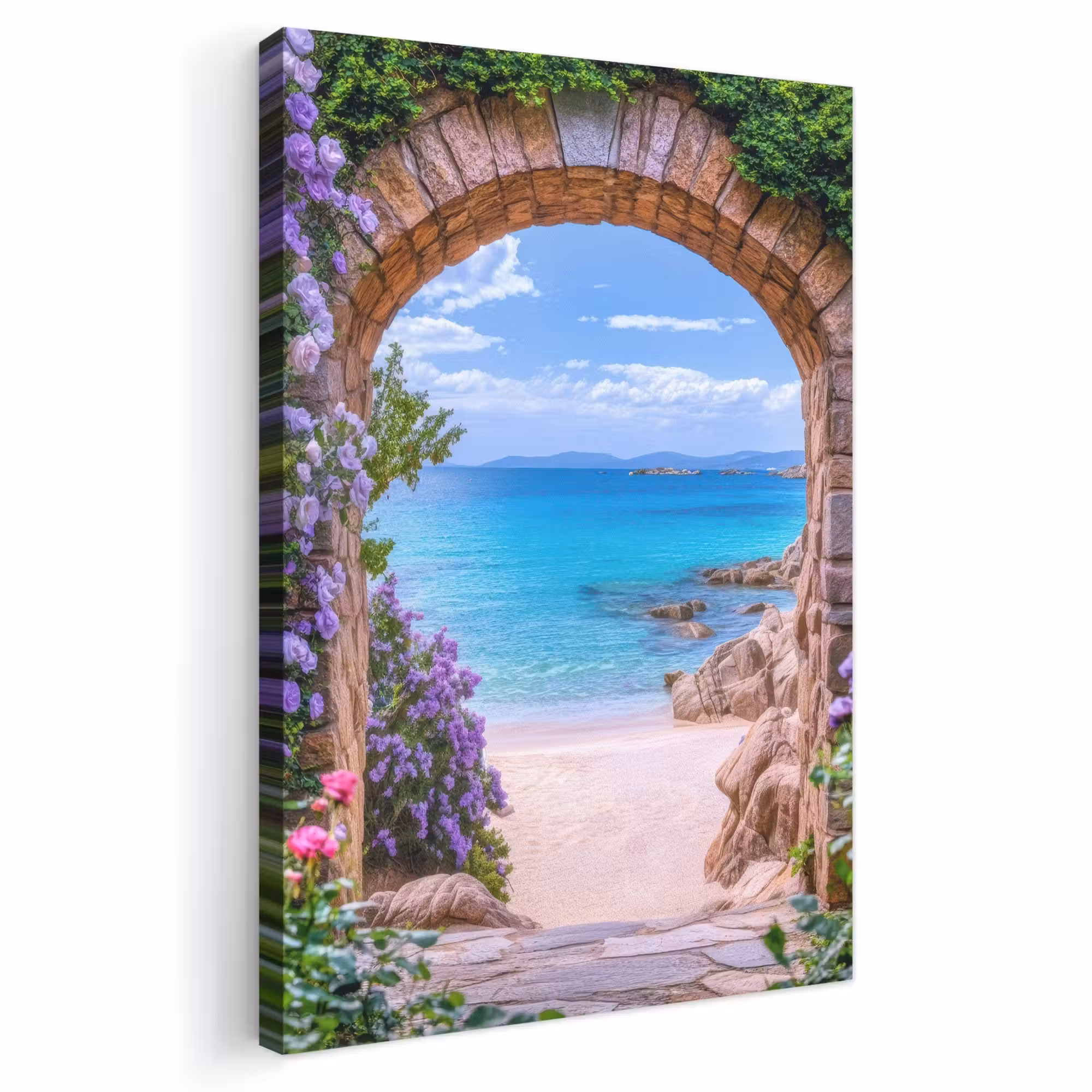 Canvas schilderij - Doorkijk - Poort - Zee - Strand - Rotsen