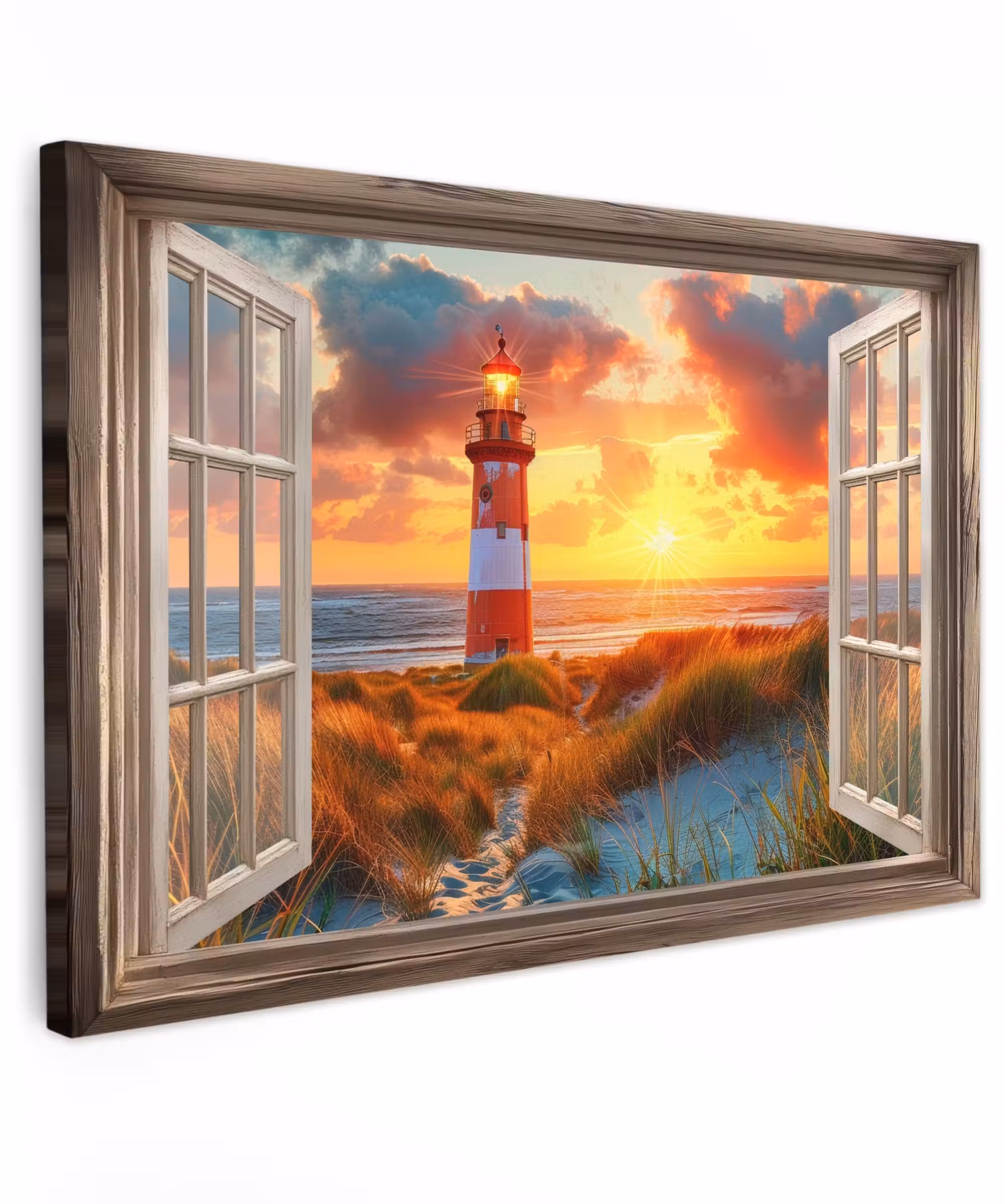 Canvas schilderij - Doorkijk - Raam - Vuurtoren - Zonsondergang - Strand