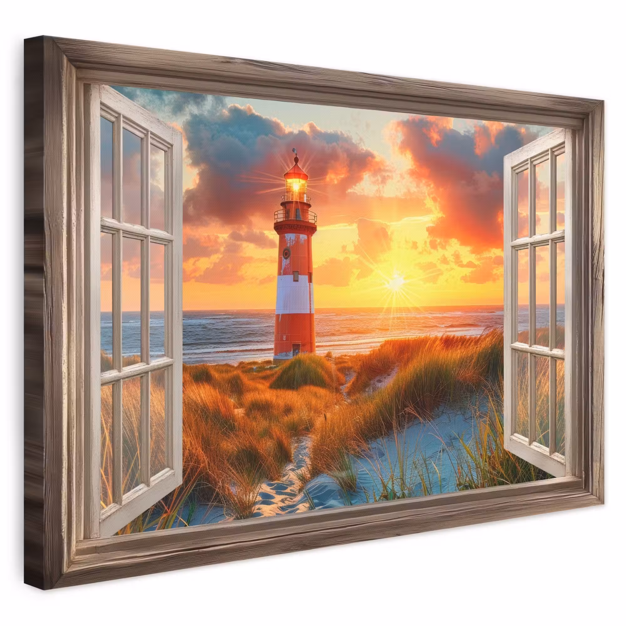 Canvas schilderij - Doorkijk - Raam - Vuurtoren - Zonsondergang - Strand