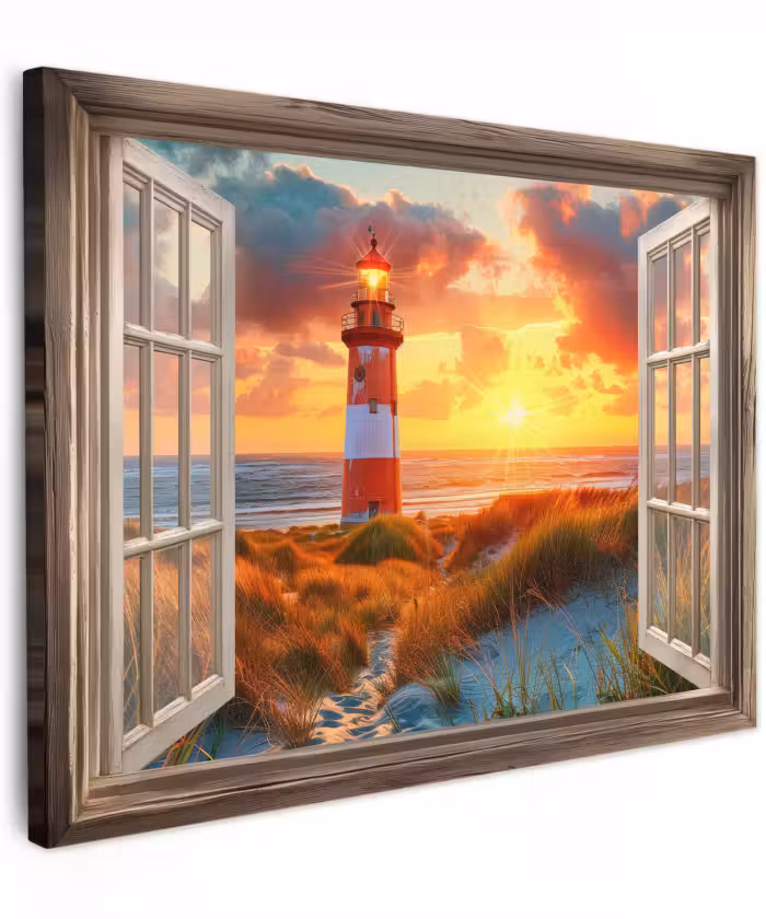 Canvas schilderij - Doorkijk - Raam - Vuurtoren - Zonsondergang - Strand