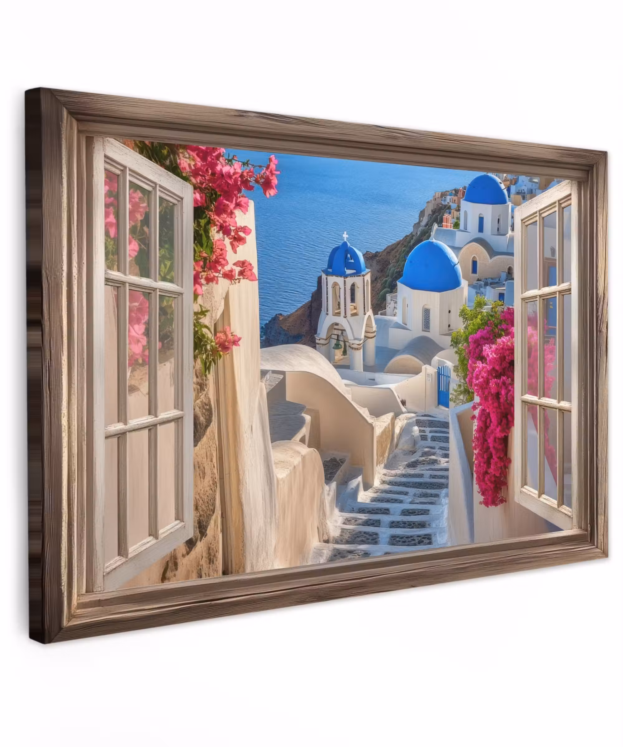 Canvas schilderij - Doorkijk - Santorini - Landschap - Blauw - Grieks