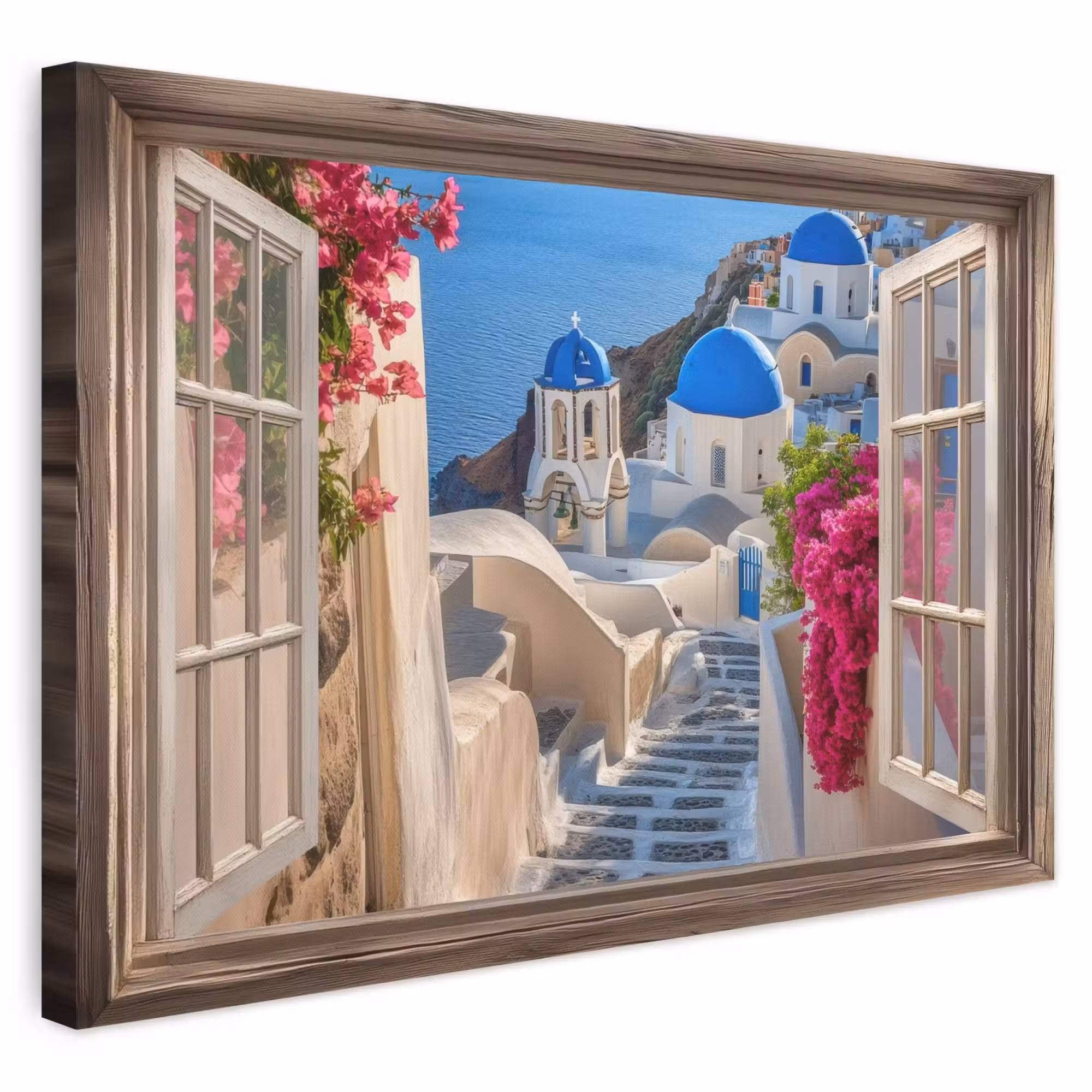 Canvas schilderij - Doorkijk - Santorini - Landschap - Blauw - Grieks