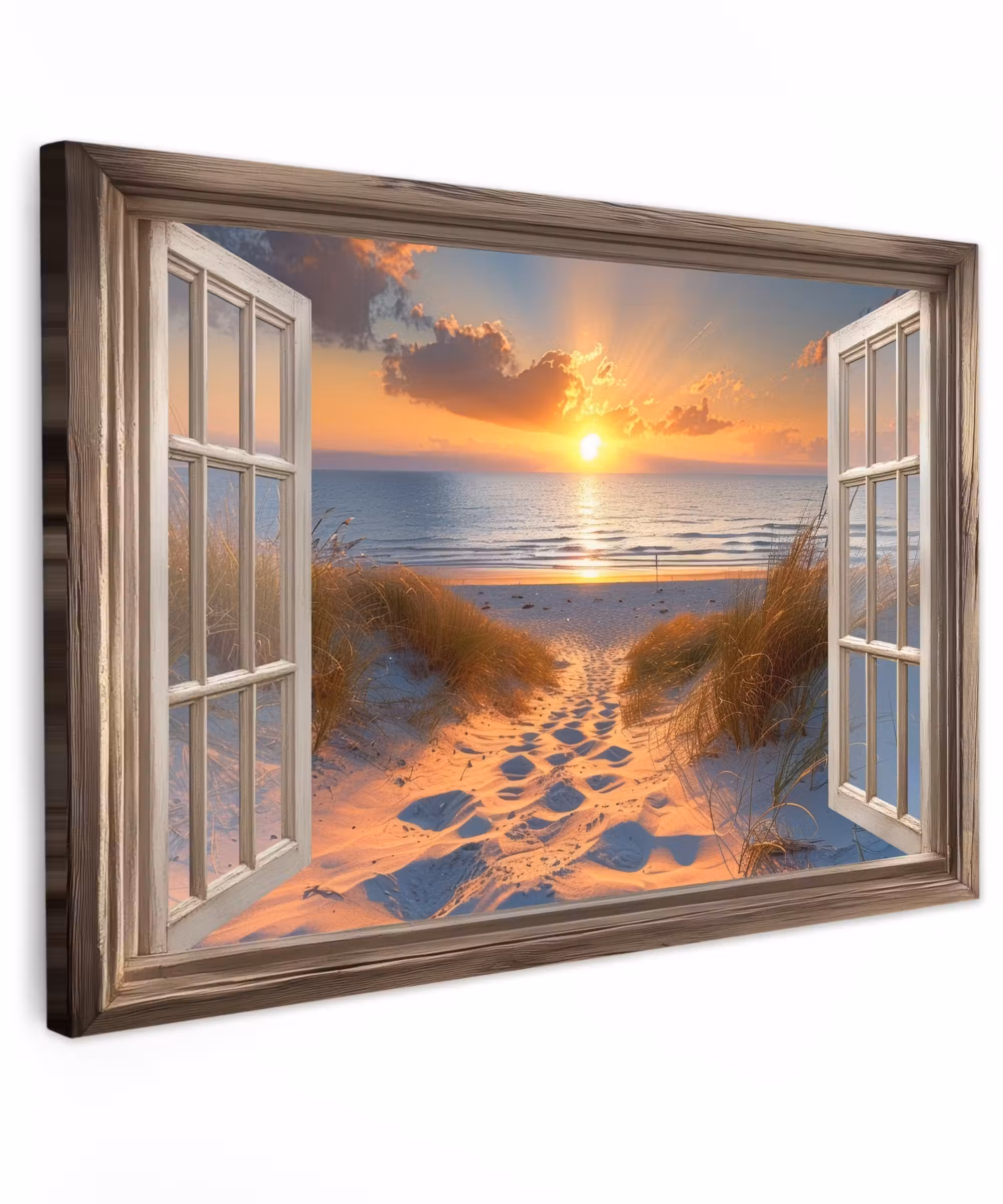 Canvas schilderij - Doorkijk - Strand - Duinen - Zonsondergang