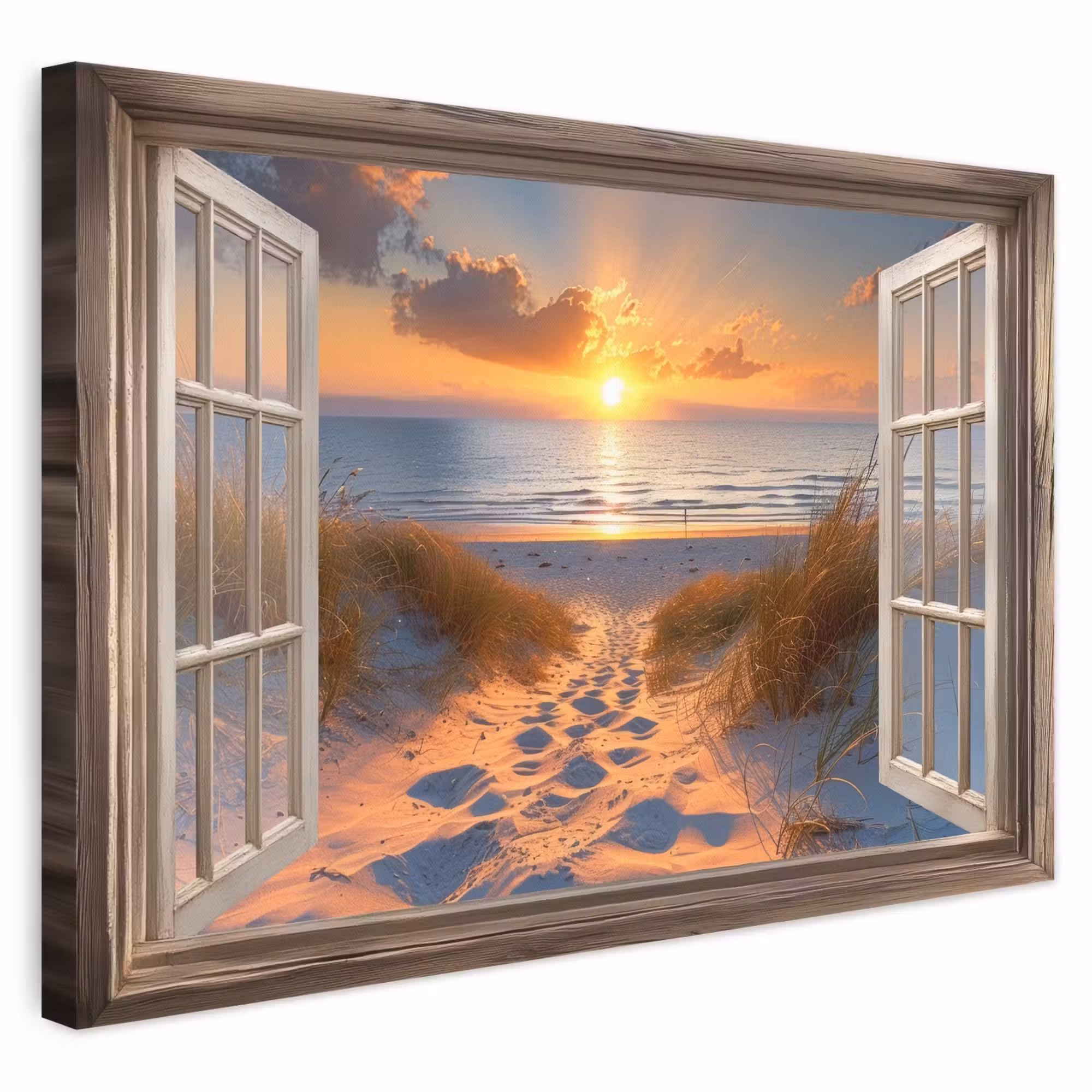 Canvas schilderij - Doorkijk - Strand - Duinen - Zonsondergang