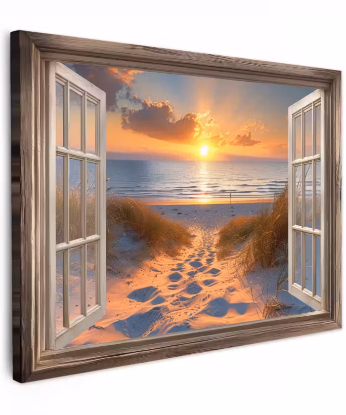 Canvas schilderij - Doorkijk - Strand - Duinen - Zonsondergang