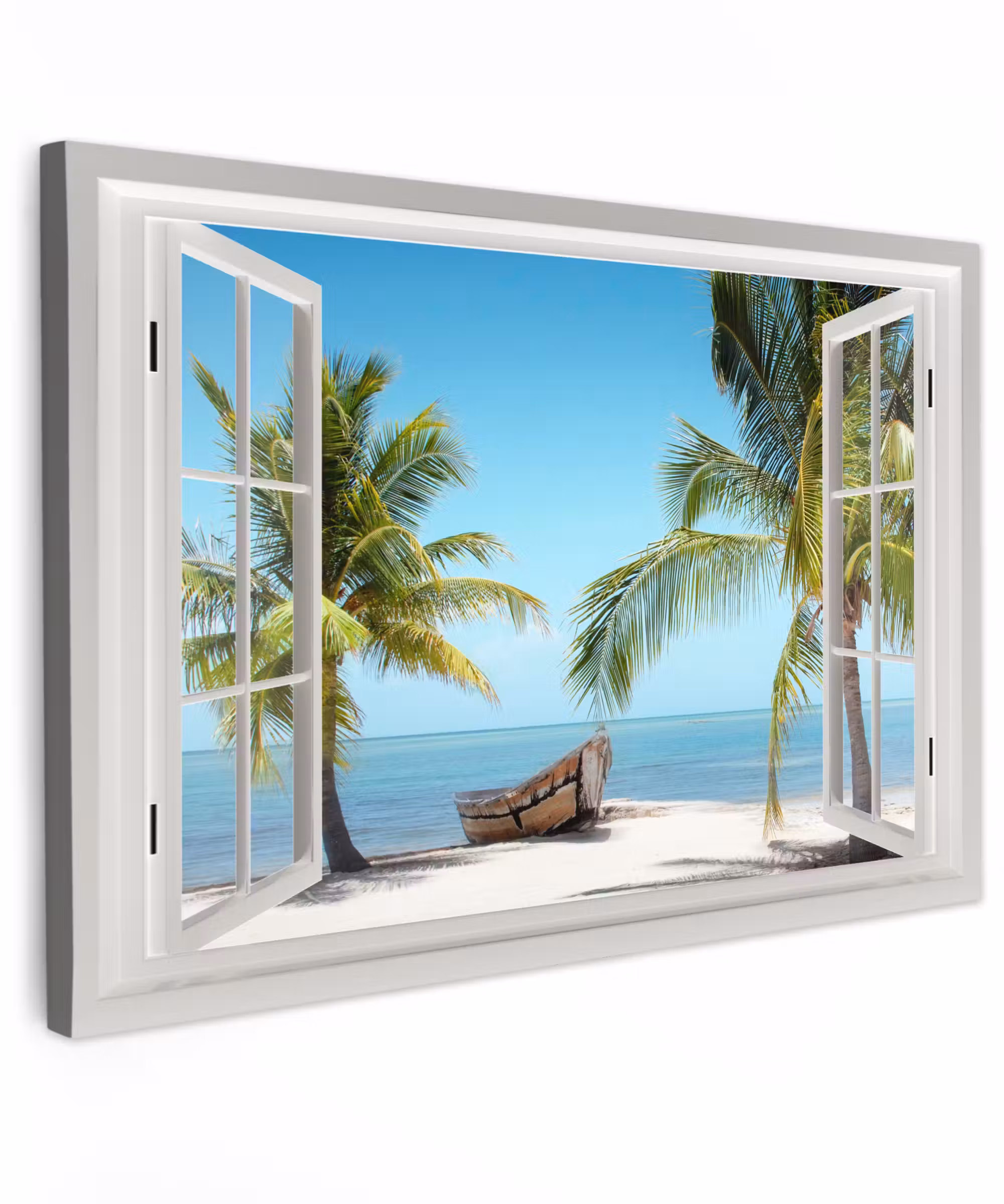 Canvas schilderij - Doorkijk - Strand - Palmboom - Boot - Tropisch - Zee - Blauw