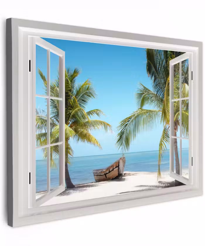 Canvas schilderij - Doorkijk - Strand - Palmboom - Boot - Tropisch - Zee - Blauw