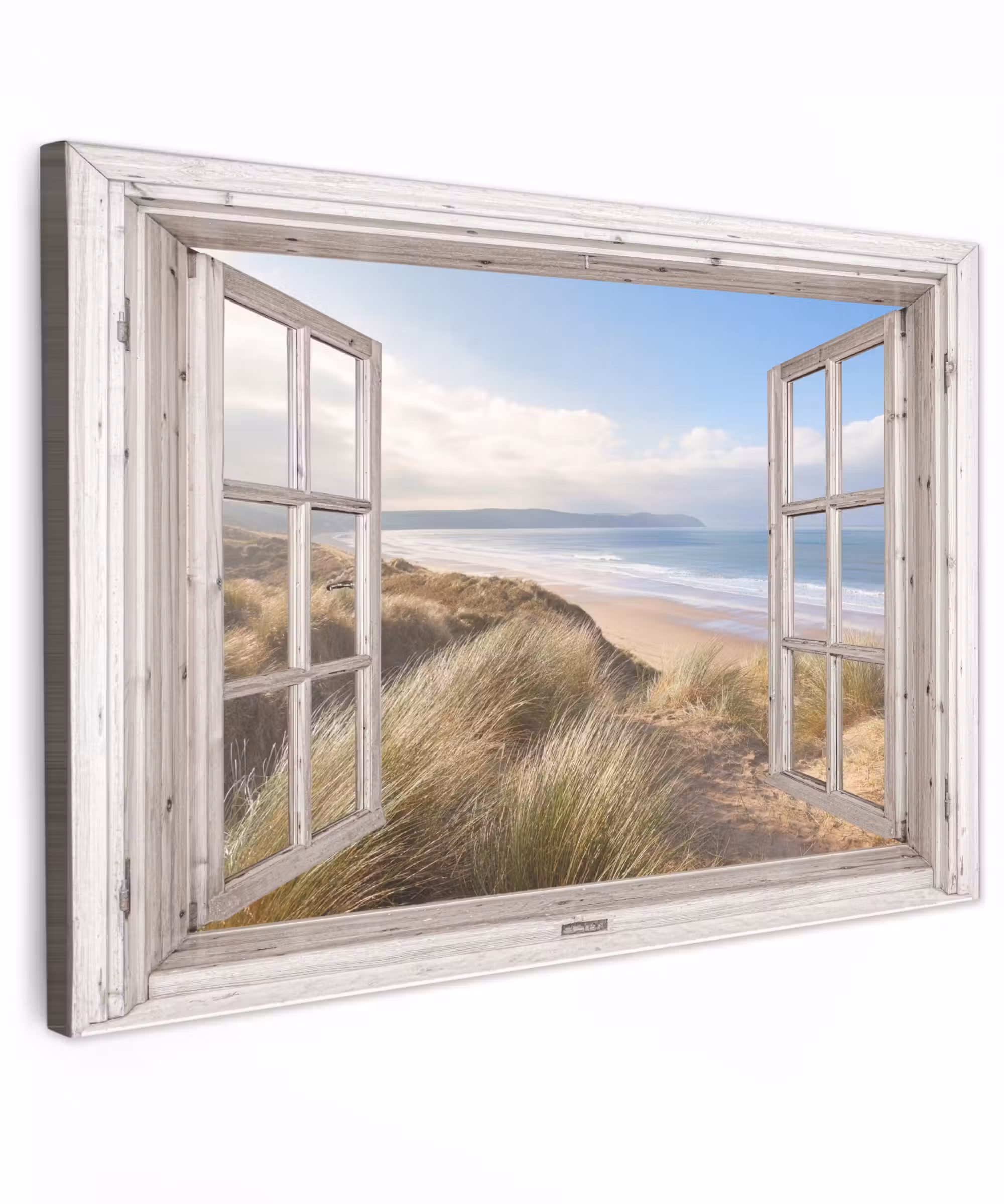 Canvas schilderij - Doorkijk - Strand - Zee - Duinen - Helmgras - Zand - Blauw