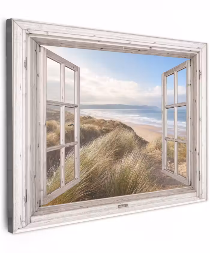 Canvas schilderij - Doorkijk - Strand - Zee - Duinen - Helmgras - Zand - Blauw