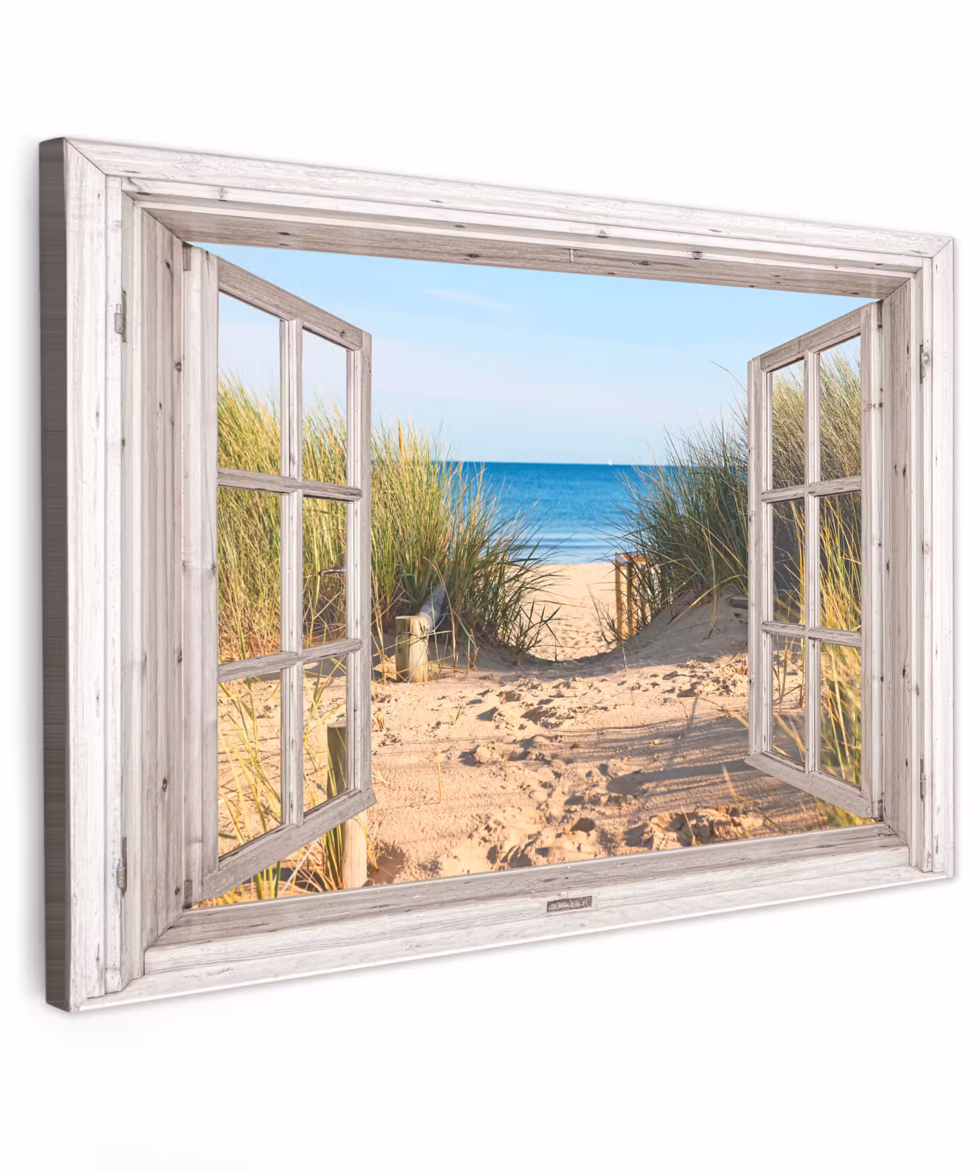 Canvas schilderij - Doorkijk - Strand - Zee - Duinen - Zand - Water - Helmgras