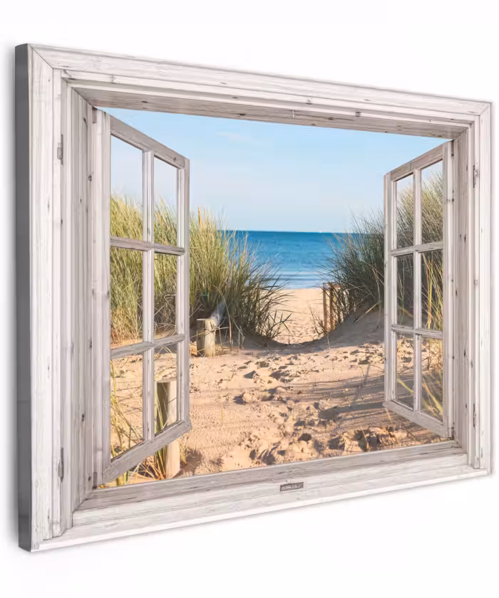 Canvas schilderij - Doorkijk - Strand - Zee - Duinen - Zand - Water - Helmgras