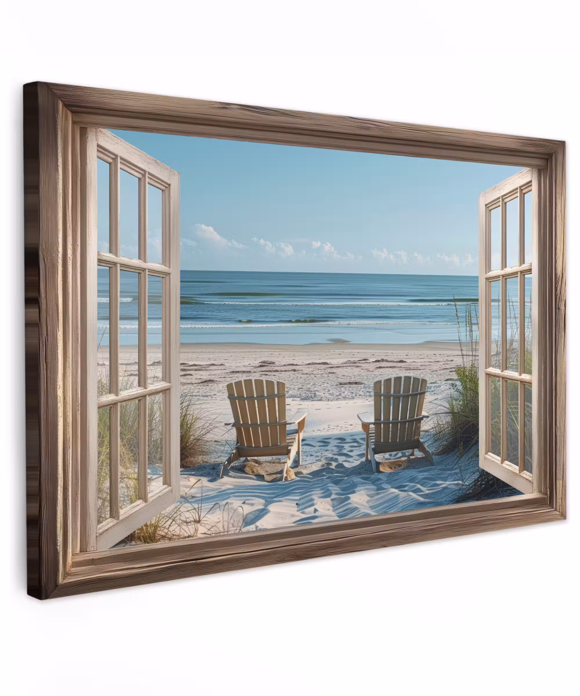 Canvas schilderij - Doorkijk - Strandstoelen - Duinen - Zee - Natuur