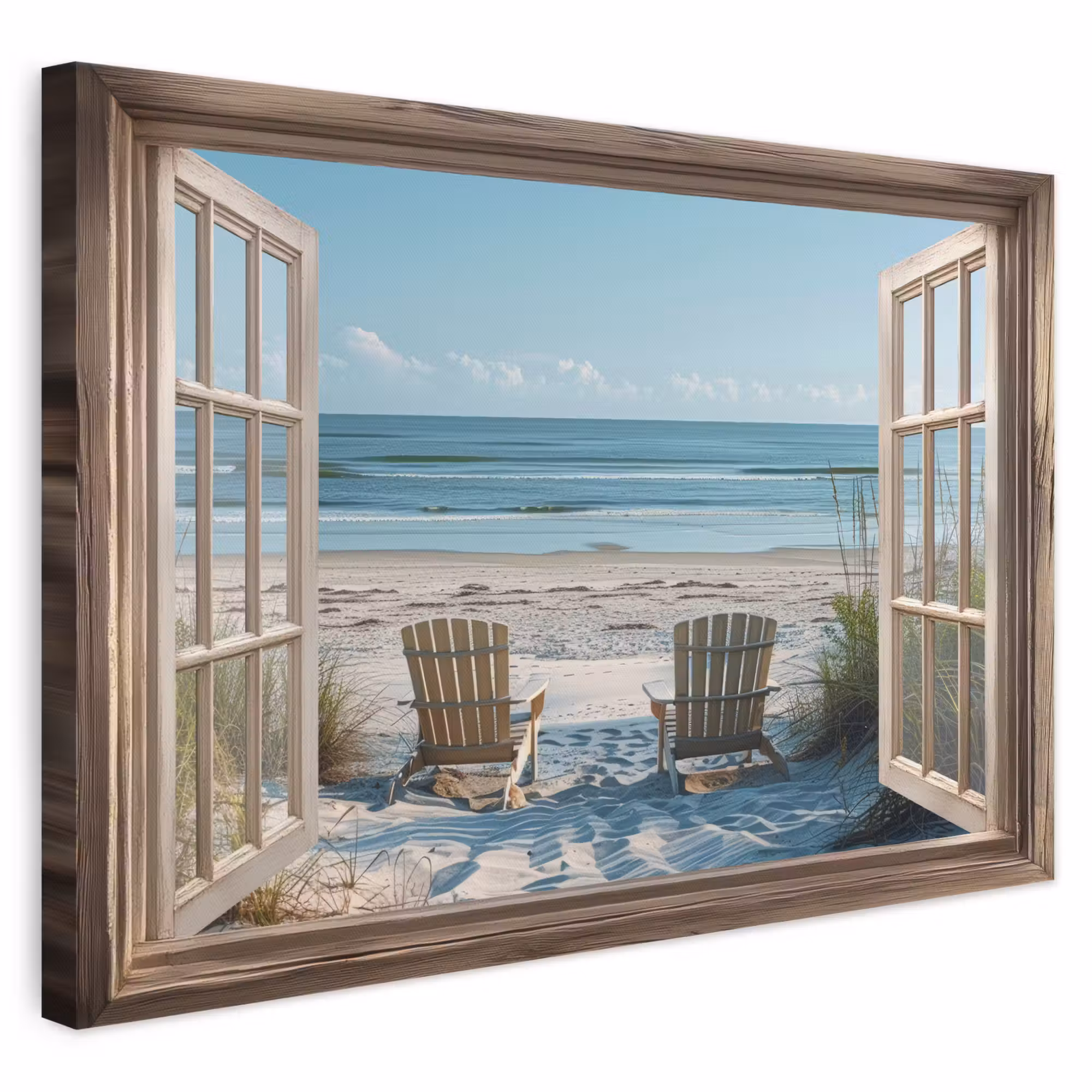 Canvas schilderij - Doorkijk - Strandstoelen - Duinen - Zee - Natuur