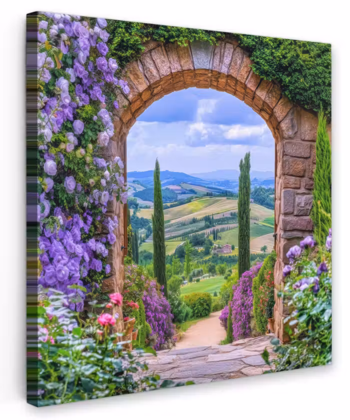 Canvas schilderij - Doorkijk - Toscane - Landschap - Poort