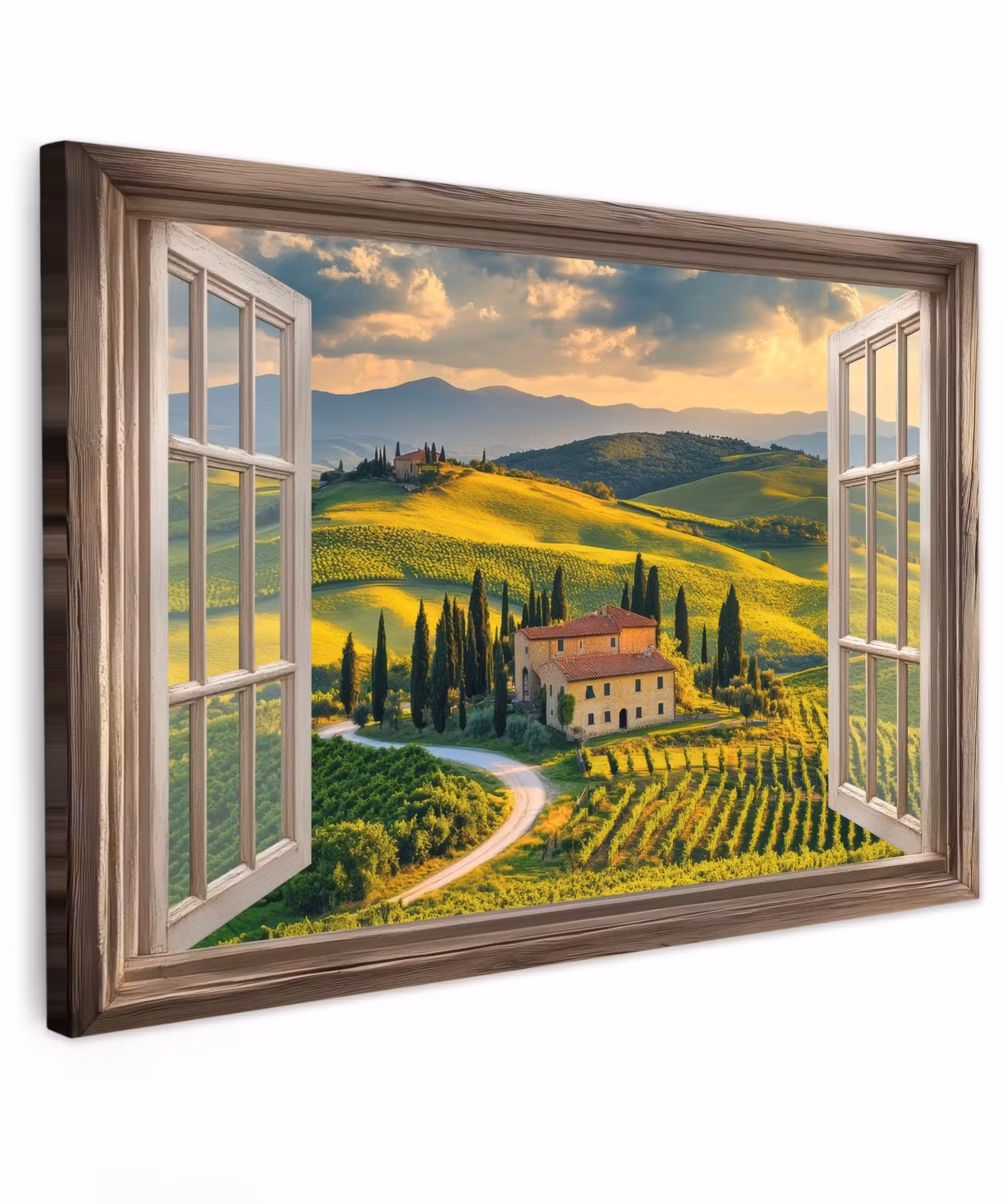 Canvas schilderij - Doorkijk - Toscane - Uitzicht - Landschap - Zomer