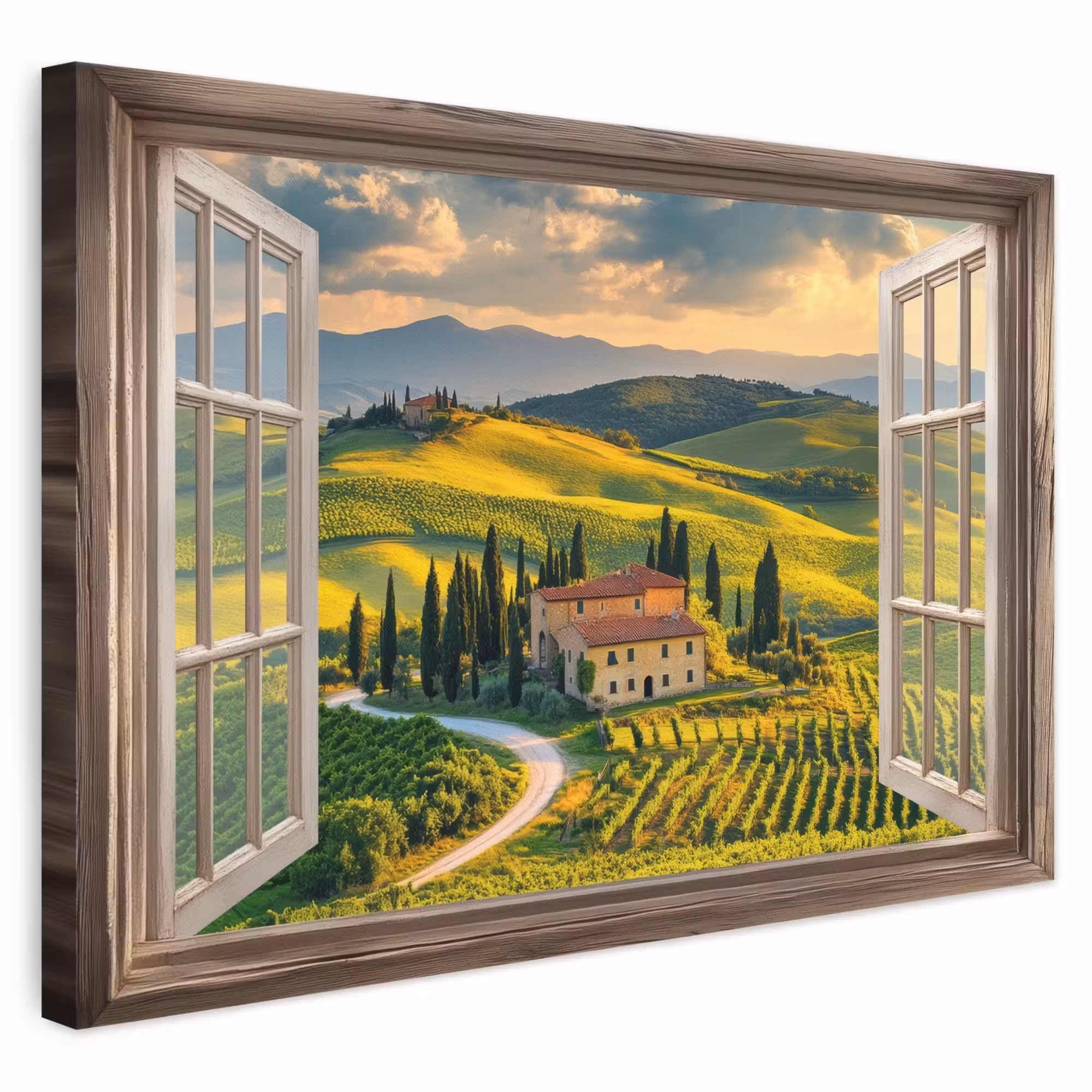 Canvas schilderij - Doorkijk - Toscane - Uitzicht - Landschap - Zomer