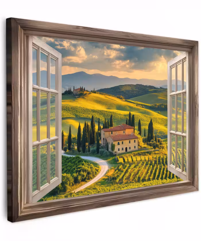 Canvas schilderij - Doorkijk - Toscane - Uitzicht - Landschap - Zomer