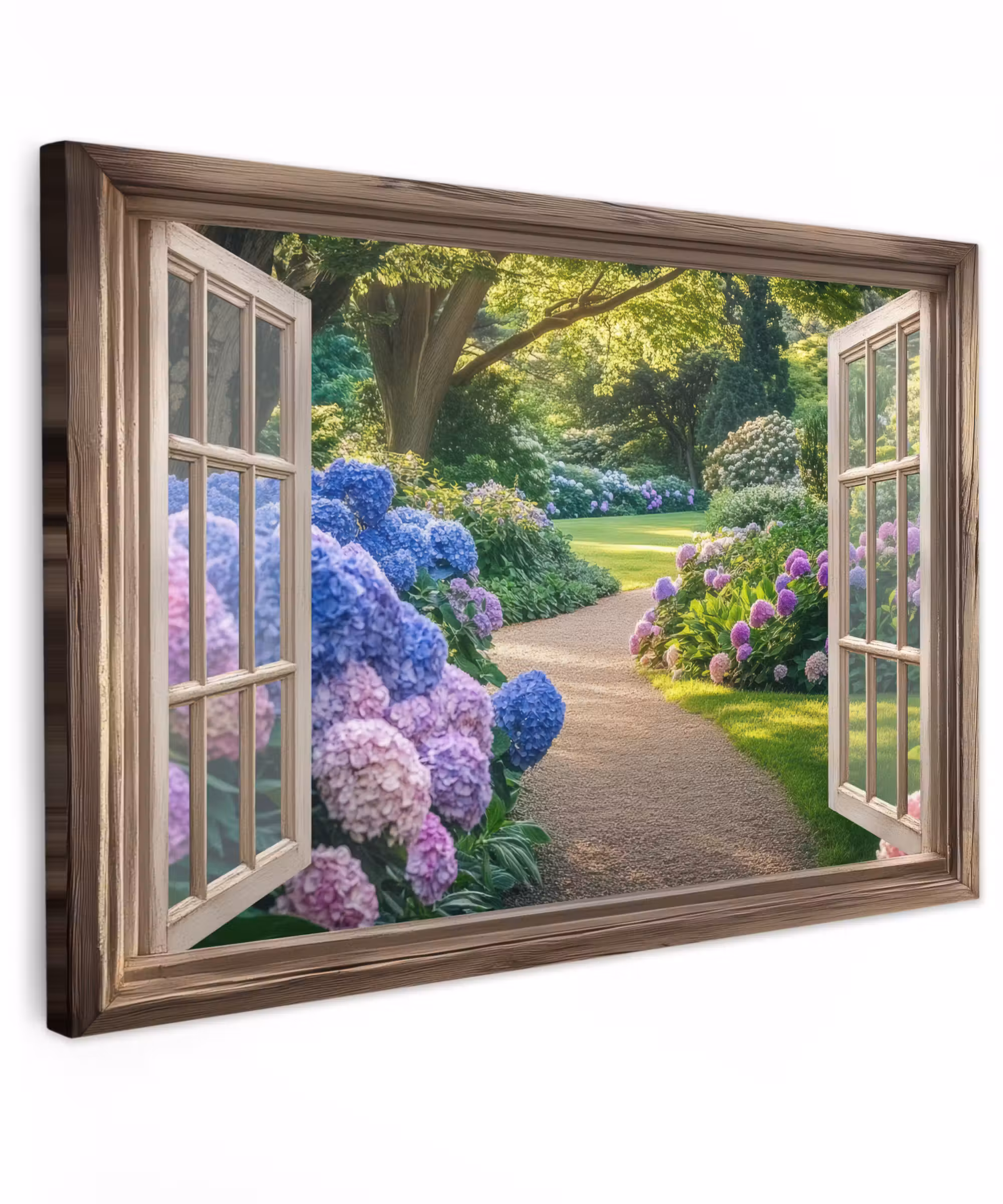Canvas schilderij - Doorkijk - Tuin - Raam - Hortensia - Bloemen