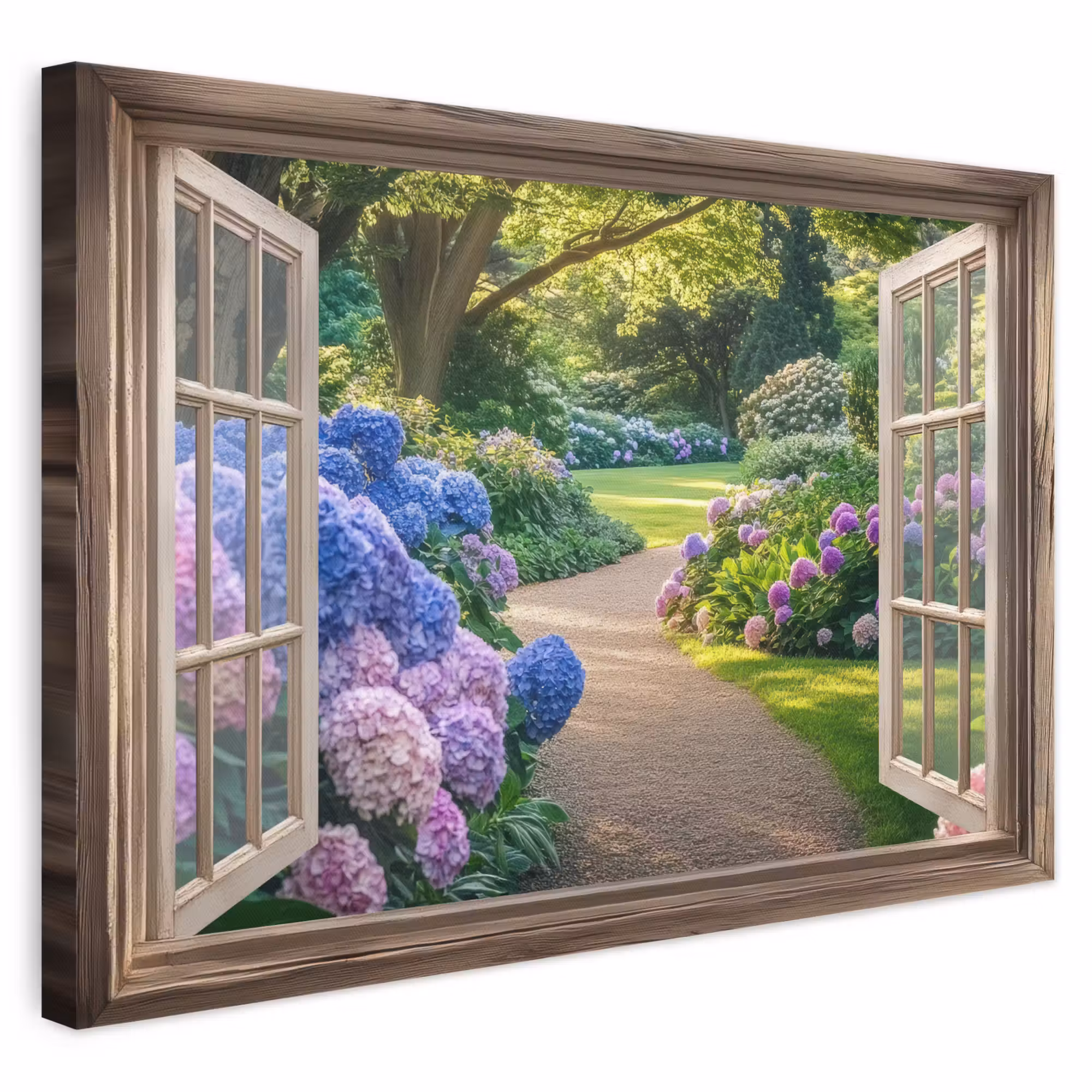 Canvas schilderij - Doorkijk - Tuin - Raam - Hortensia - Bloemen