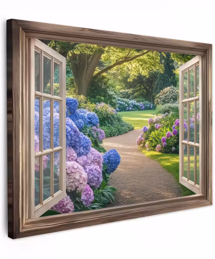 Canvas schilderij - Doorkijk - Tuin - Raam - Hortensia - Bloemen
