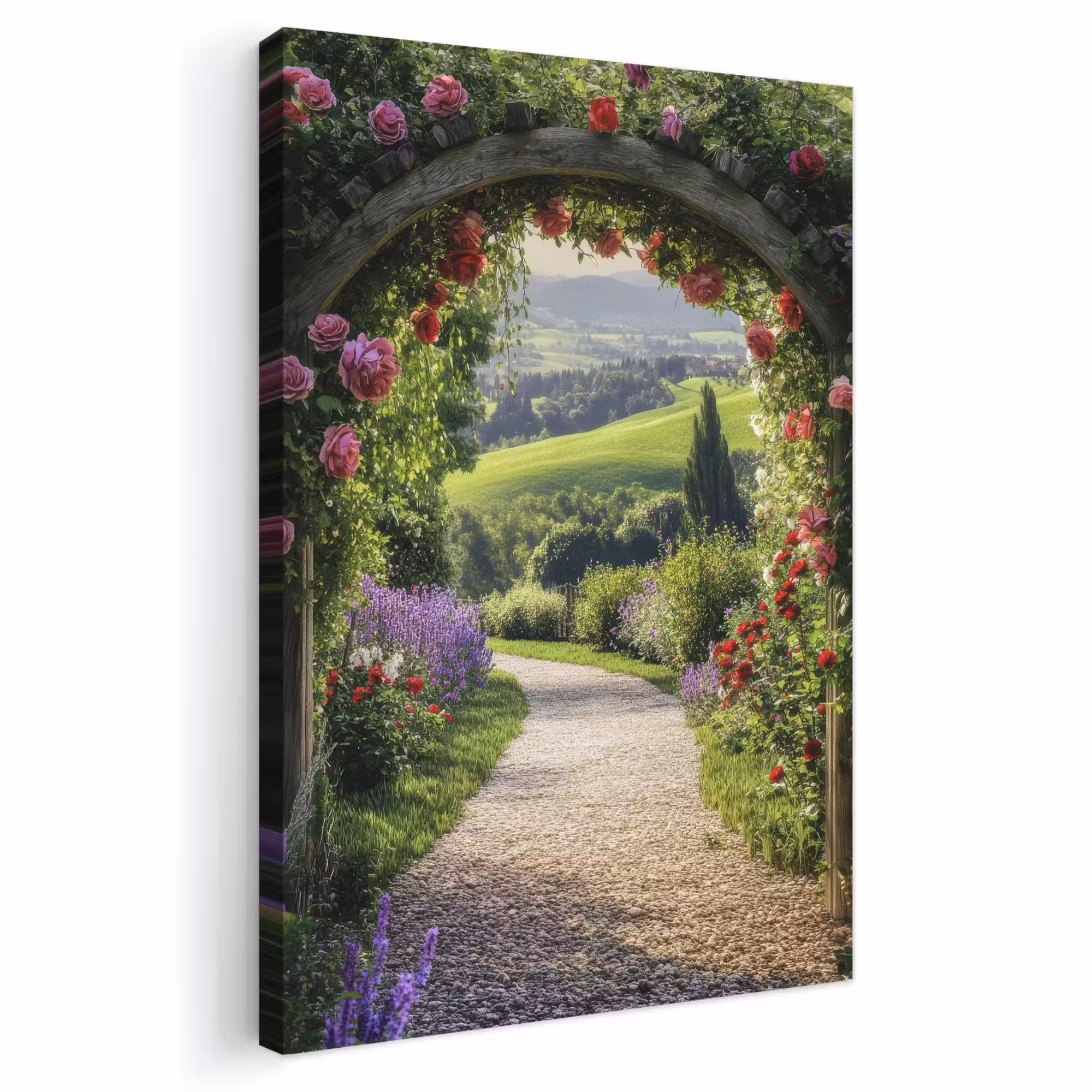 Canvas schilderij - Doorkijk - Tuinboog - Bloemen - Natuur - Pad