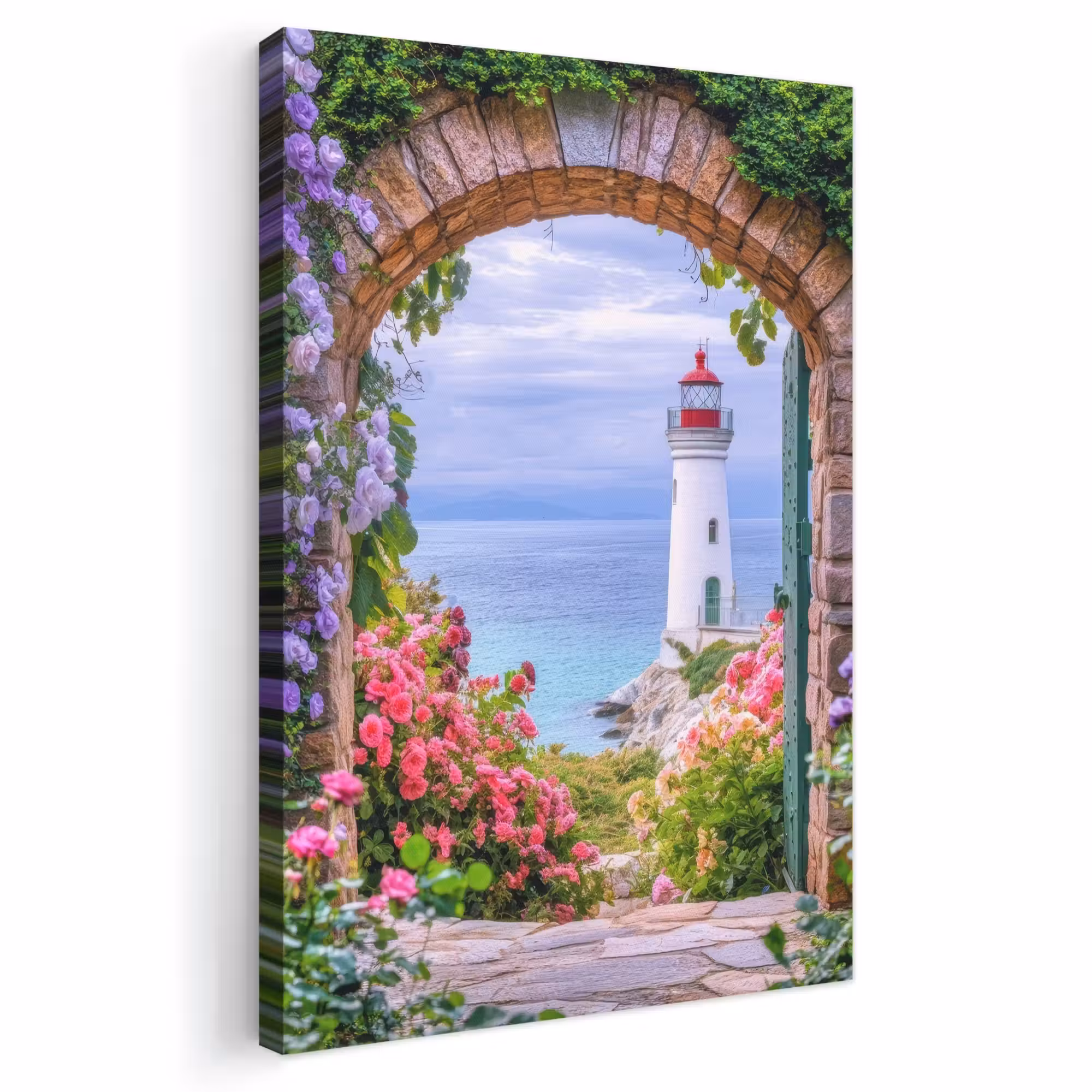 Canvas schilderij - Doorkijk - Vuurtoren - Bloemen - Uitzicht