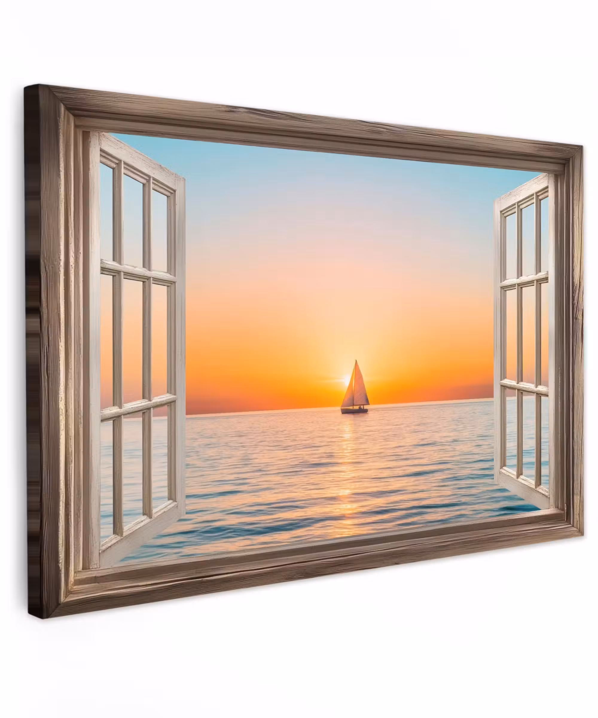 Canvas schilderij - Doorkijk - Zee - Boot - Zonsondergang