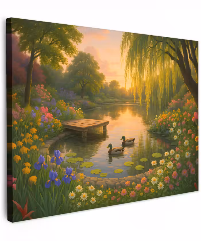 Canvas schilderij - Eenden - Vijver - Bloemen