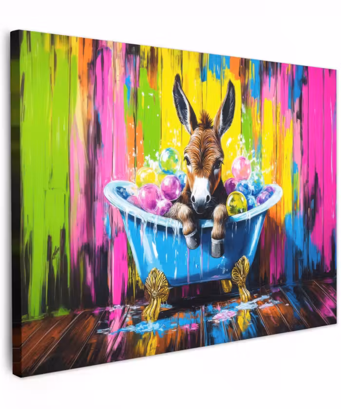 Canvas schilderij - Ezel - Badkuip - Roze - Schuim