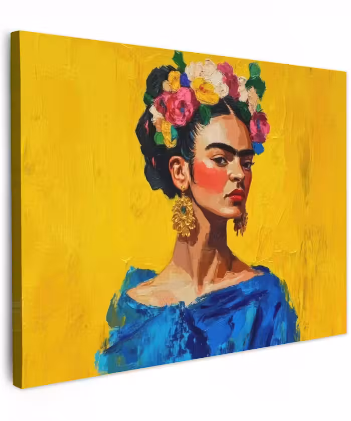 Canvas schilderij - Frida Kahlo - Vrouw - Geel - Blauw - Bloemen
