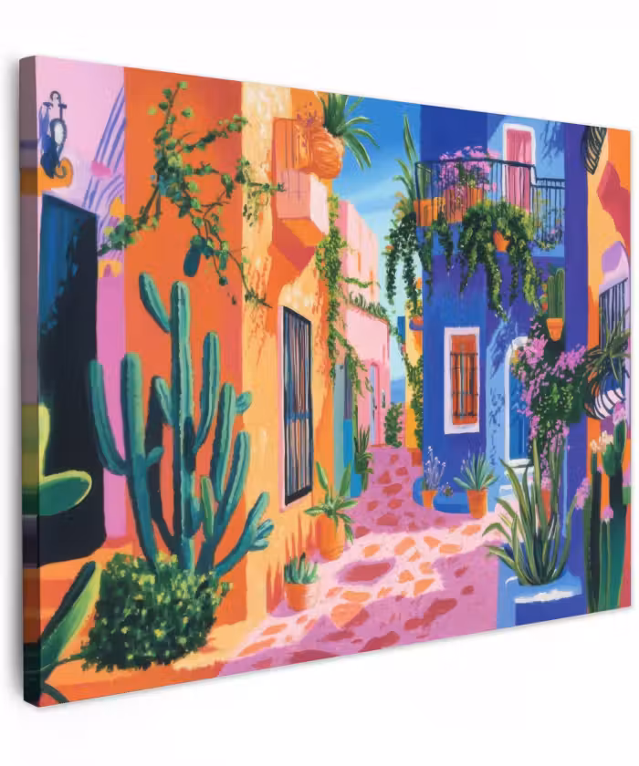 Canvas schilderij - Geel - Blauw - Oranje - Huis