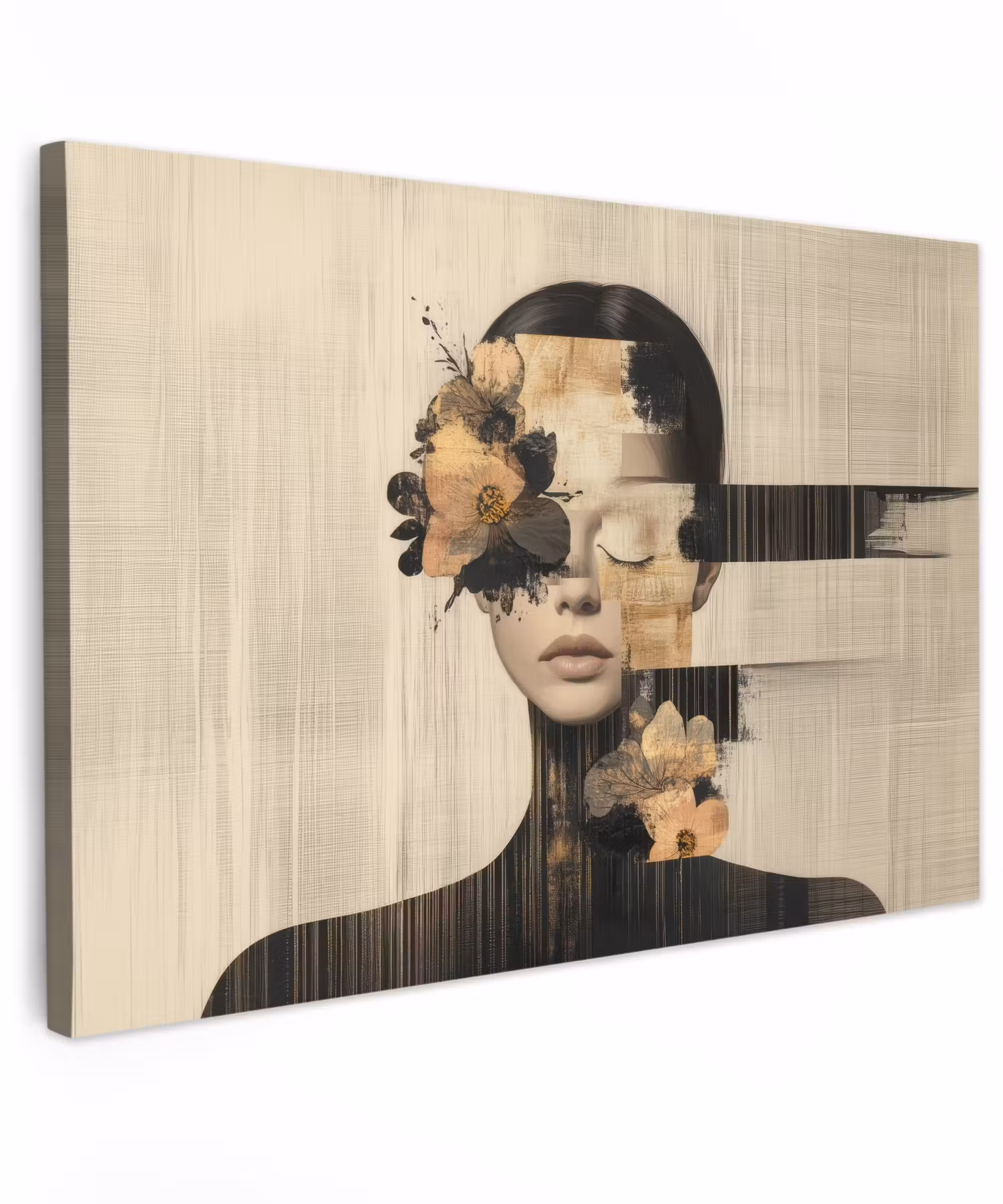 Canvas schilderij - Gezicht - Bloemen - Zwart - Vrouw