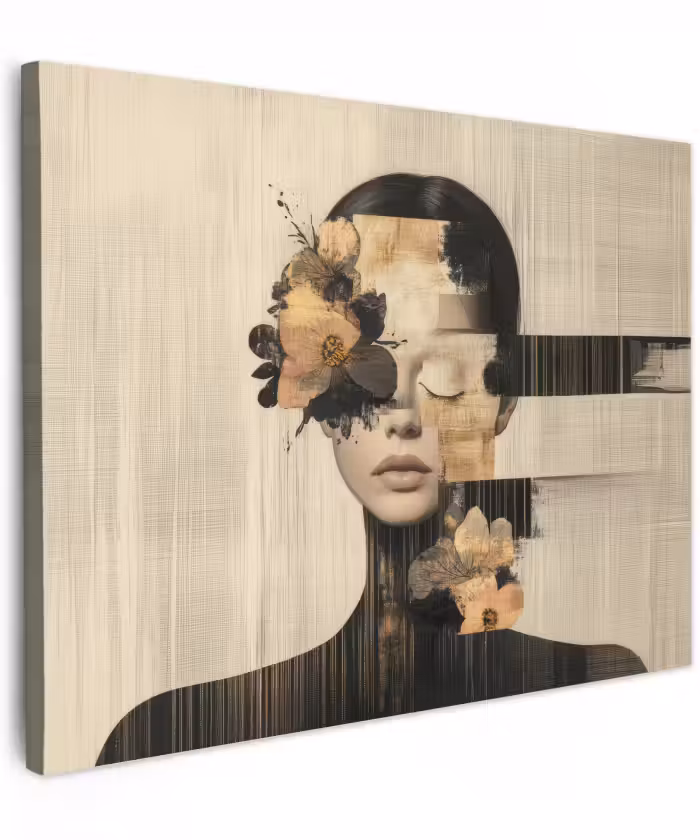 Canvas schilderij - Gezicht - Bloemen - Zwart - Vrouw