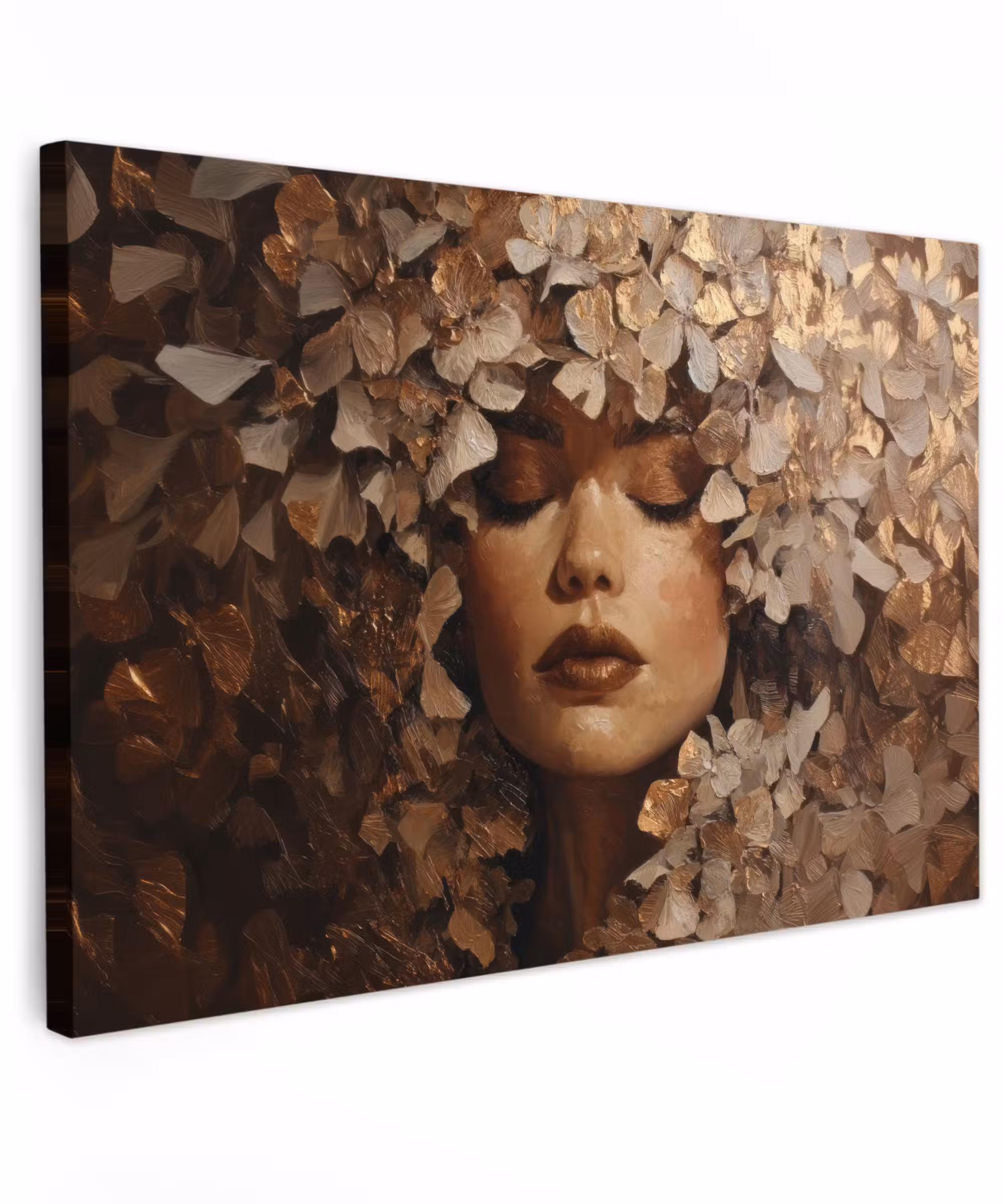 Canvas schilderij - Gezicht - Vrouwe - Bladeren - Penseelstreken