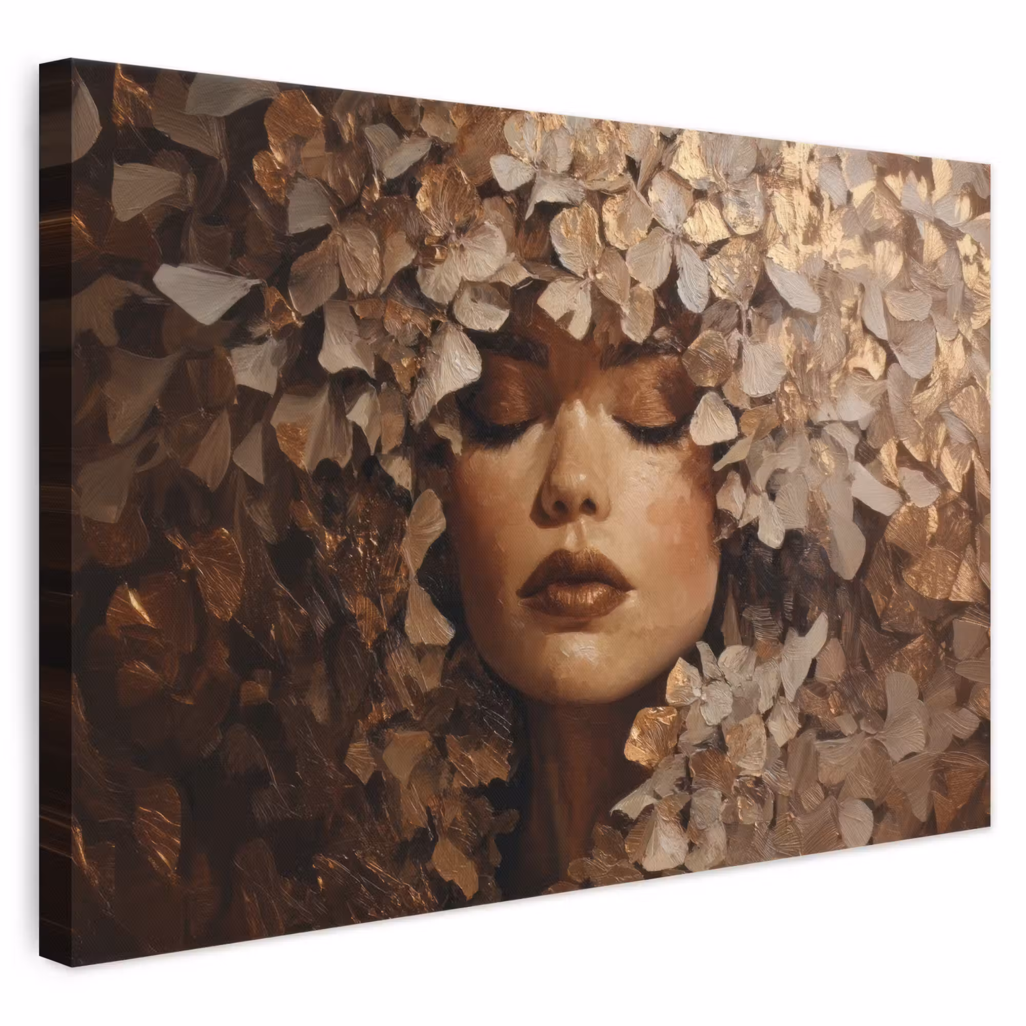 Canvas schilderij - Gezicht - Vrouwe - Bladeren - Penseelstreken