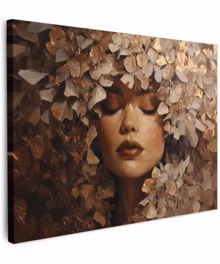 Canvas schilderij - Gezicht - Vrouwe - Bladeren - Penseelstreken