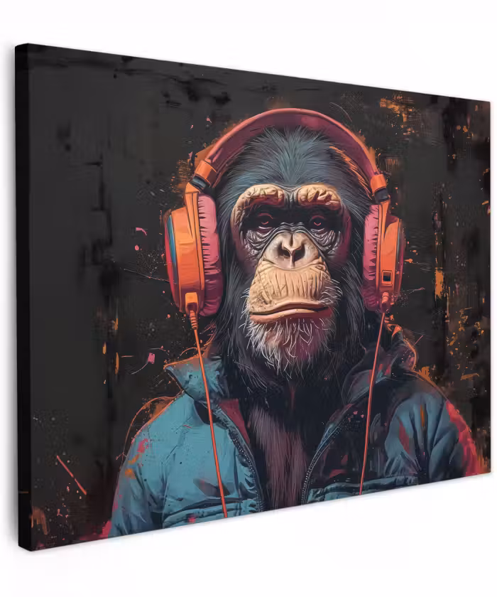 Canvas schilderij - Graffiti - Chimpansee - Koptelefoon - Aap