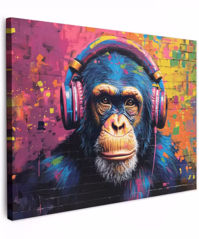 Canvas schilderij - Graffiti - Chimpanzee - Street art - Koptelefoon - Aap