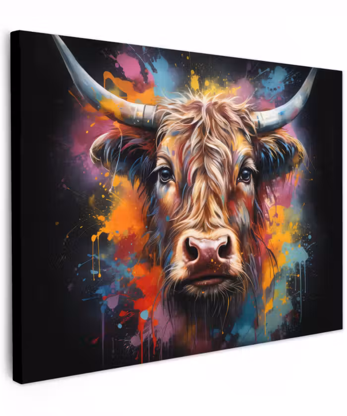 Canvas schilderij - Graffiti - Schotse hooglander - Zwart - Koe
