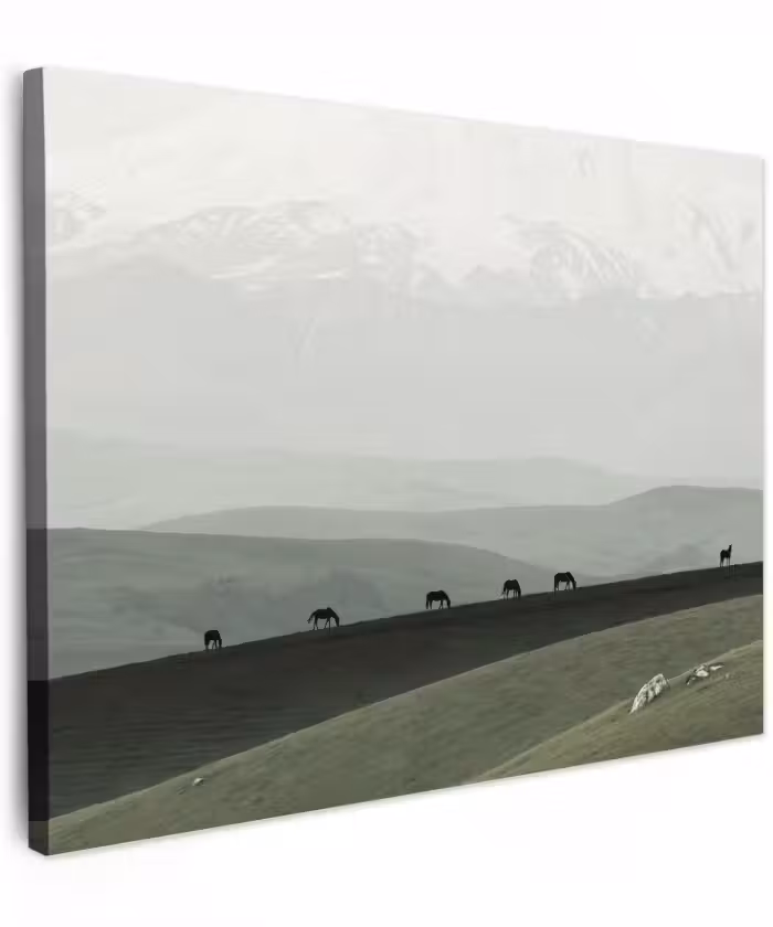 Canvas schilderij - Grijs - Berg - Paarden