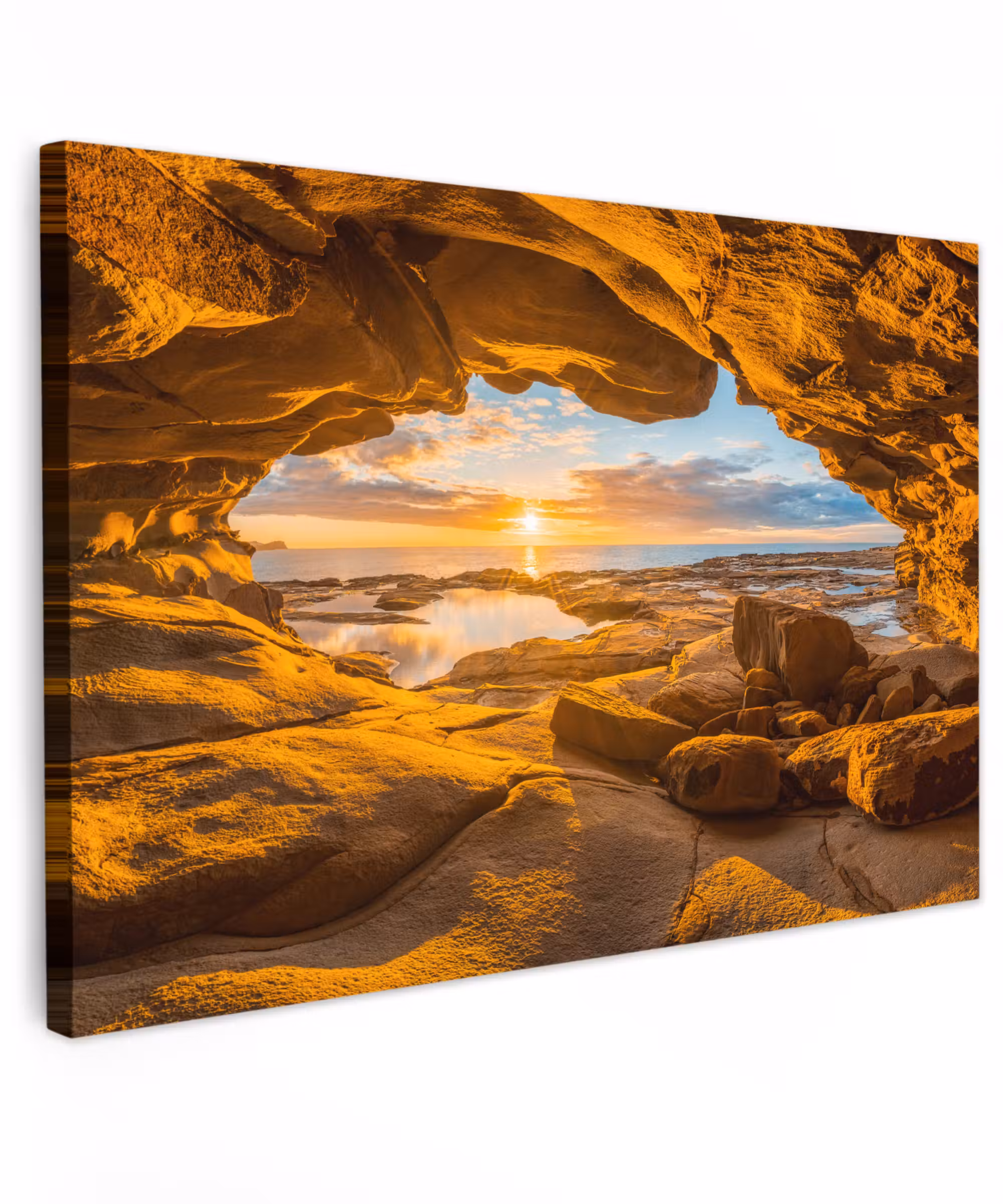 Canvas schilderij - Grot - Zee - Horizon - Zonsondergang