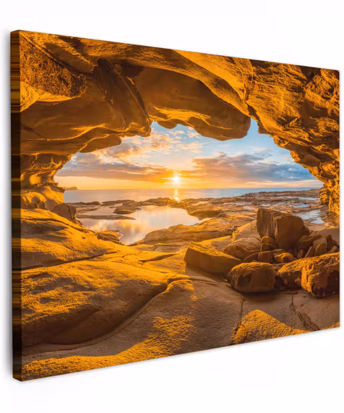 Canvas schilderij - Grot - Zee - Horizon - Zonsondergang