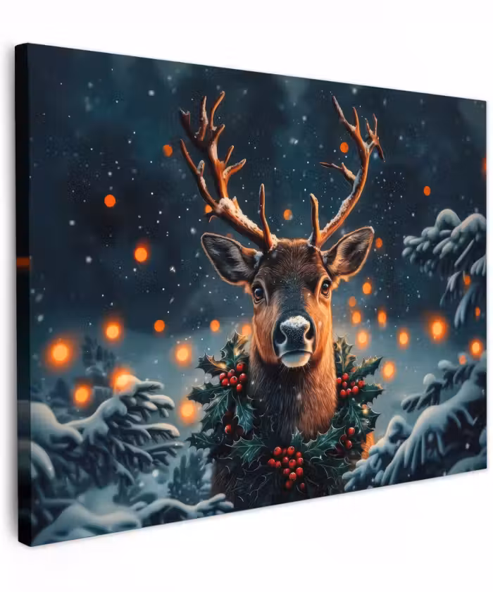 Canvas schilderij - Hert - Kerst - Winter - Sneeuw - Kerstkrans