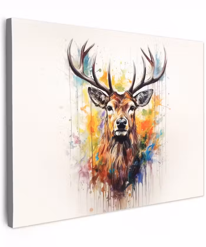 Canvas schilderij - Hert - Ree - Gewei - Kunst - Verf - Dier - Kleurrijk