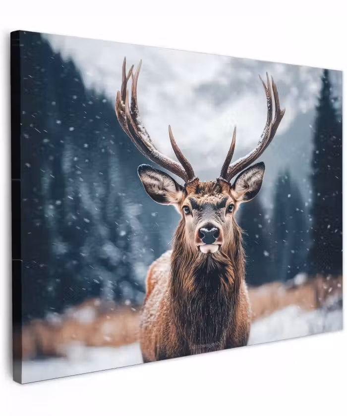 Canvas schilderij - Hert - Winter - Hertenkop - Sneeuw - Gewei