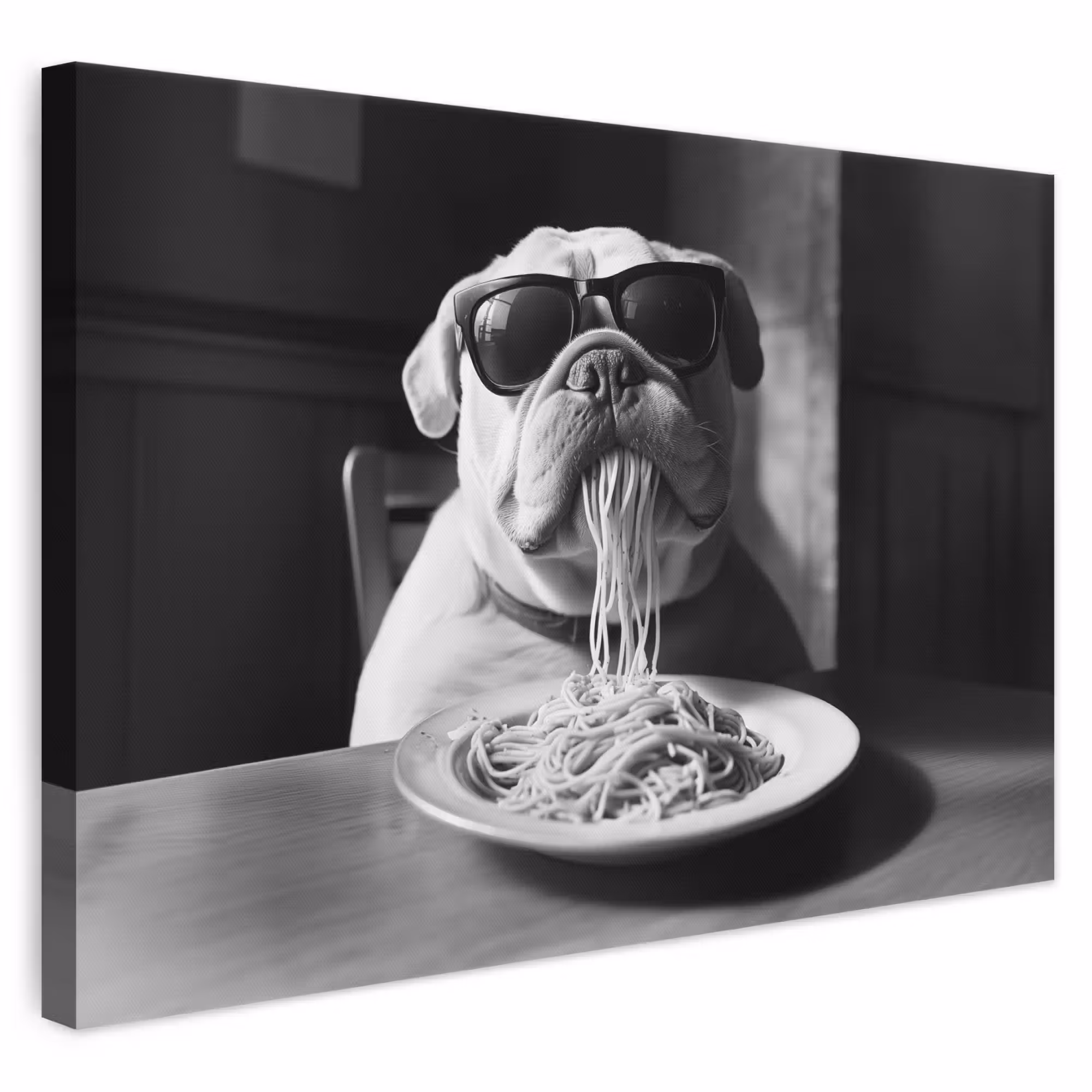 Canvas schilderij - Hond - Bulldog - Pasta - Bril - Stoer - Dieren