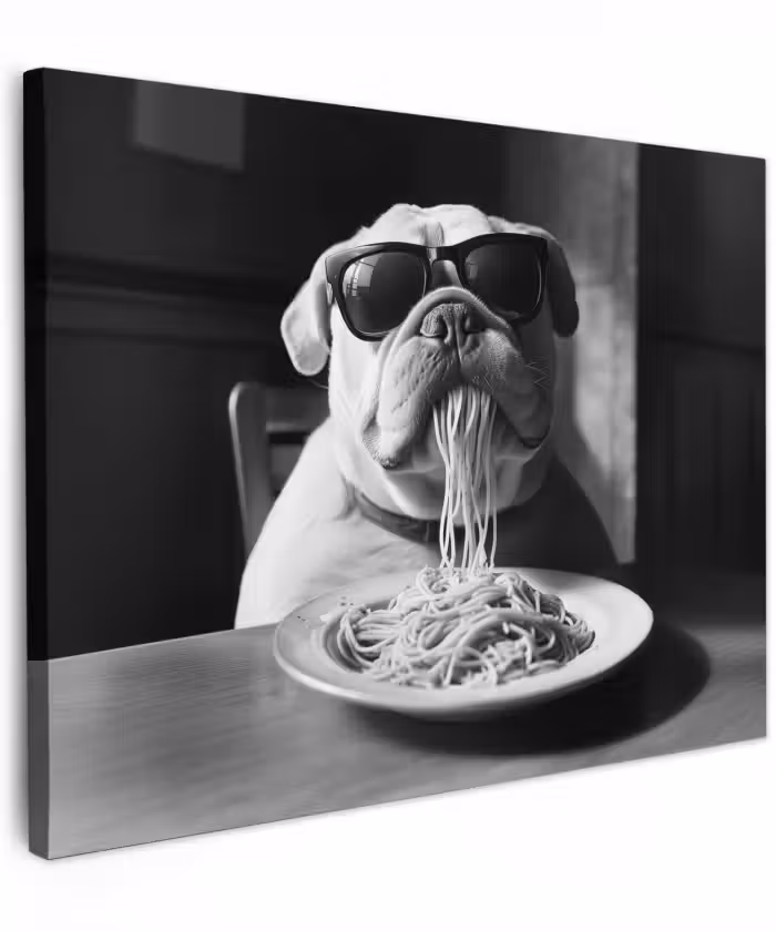 Canvas schilderij - Hond - Bulldog - Pasta - Bril - Stoer - Dieren